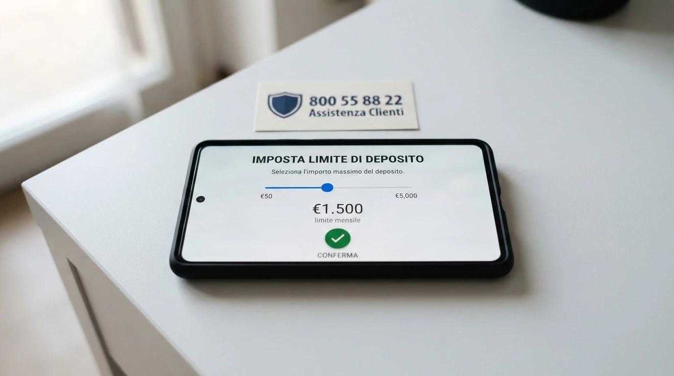 Uno schermo di smartphone che mostra l'interfaccia di impostazione dei limiti di deposito nell'area riservata di un casinò ADM, con il logo RUA e il Numero Verde 800 55 88 22 in sovraimpressione